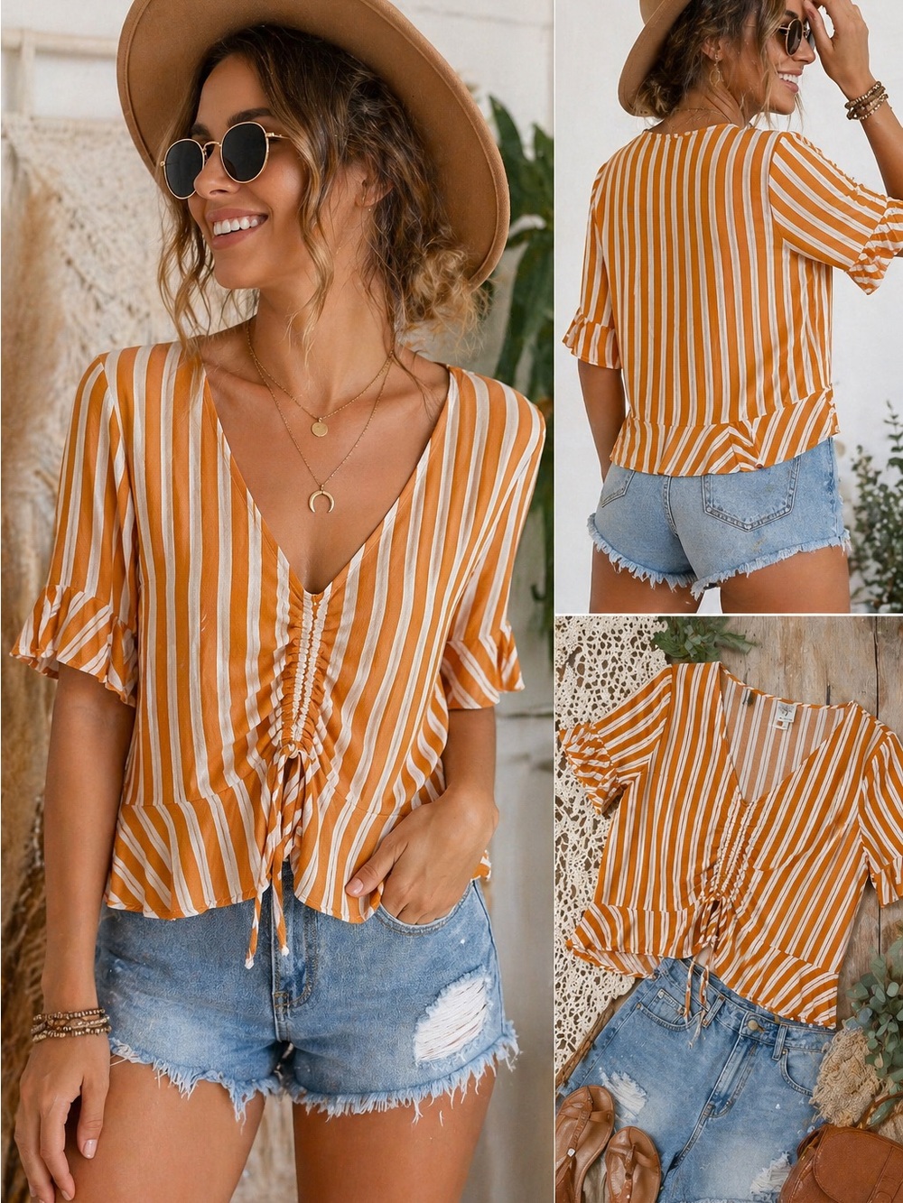 Self Esteem Orange White Striped Crop Top XL Ruched Front Tie Boho Festival